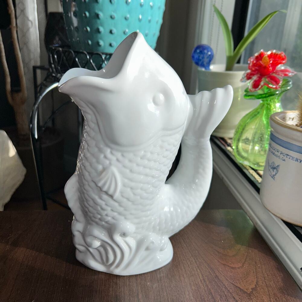 Vintage Boston Warehouse Fish Glass Glug Jug White Porcelain Pitcher